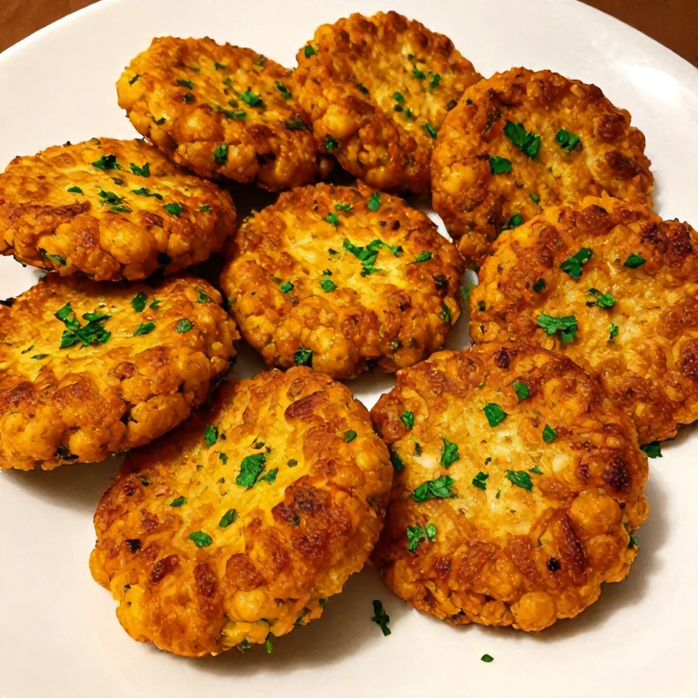 Plated serving of crispy baked chickpea patties with fresh herbs