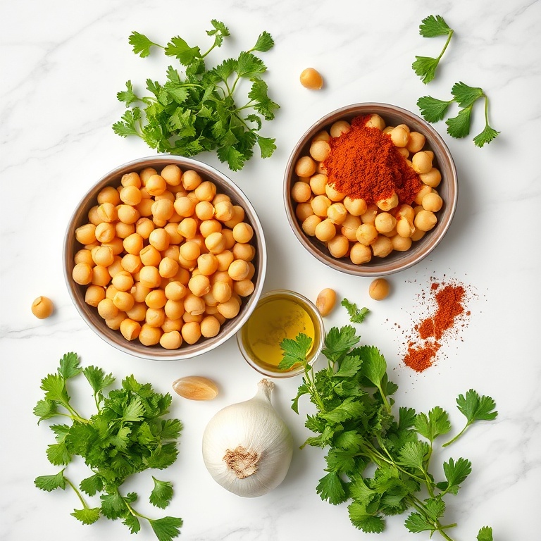 Raw ingredients for crispy baked chickpea patties arranged on a marble surface