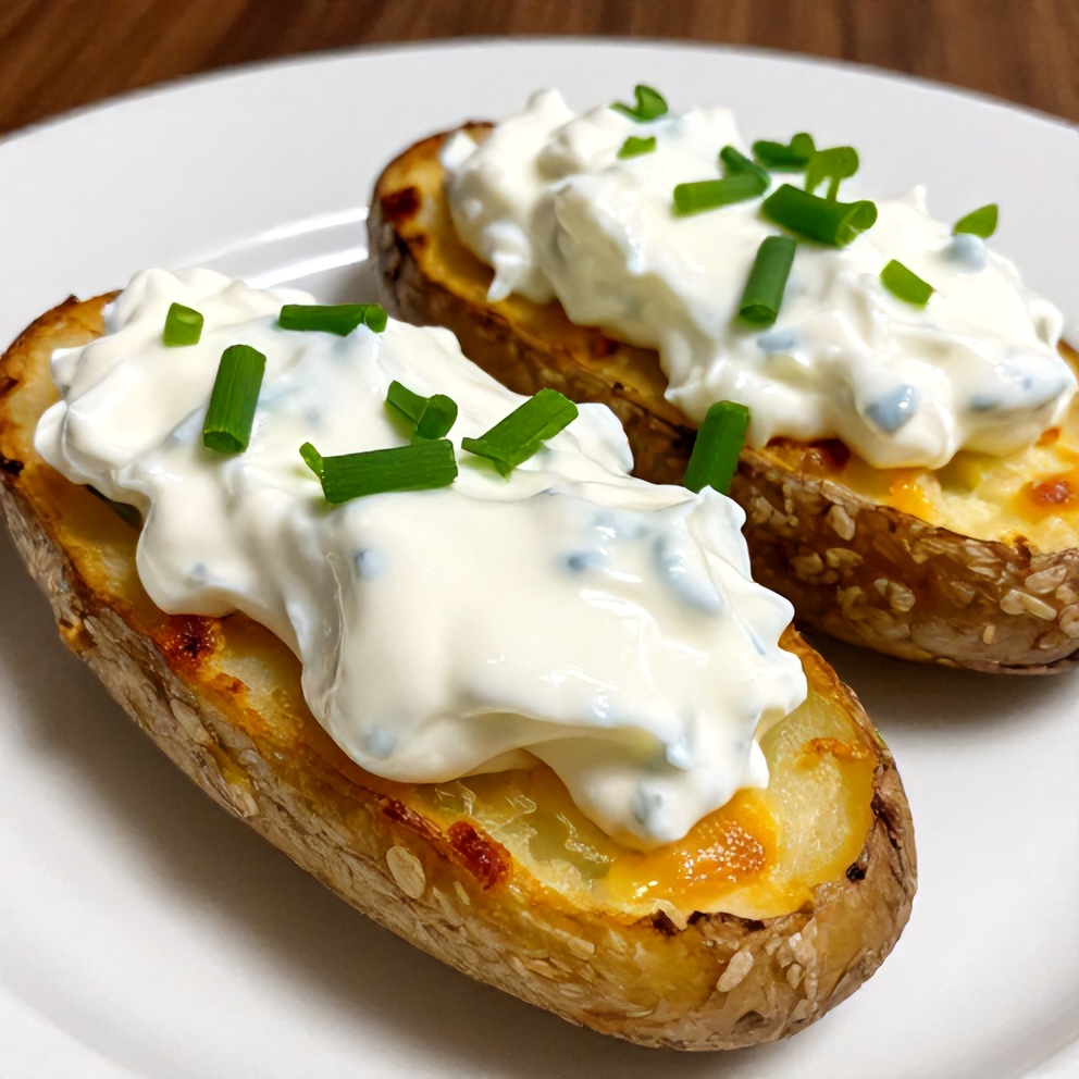 Plated Crispy Baked Potato Skins with Greek Yogurt
