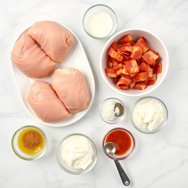 Ingredients for Buffalo Chicken Bacon Mozzarella Bombs laid out