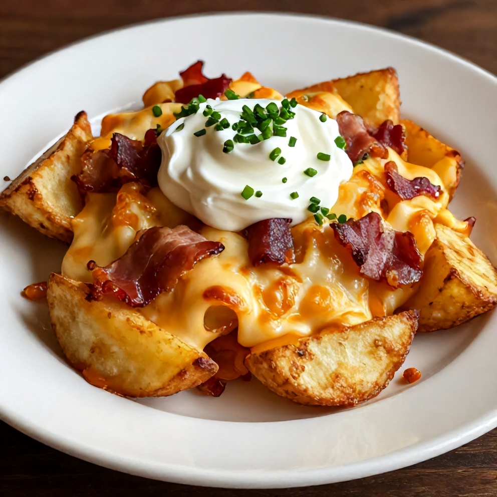 Plated Crispy Cheesy Potato Skins with Bacon