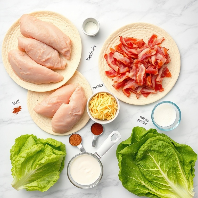 Raw ingredients for crispy chicken bacon ranch wrap on a marble surface
