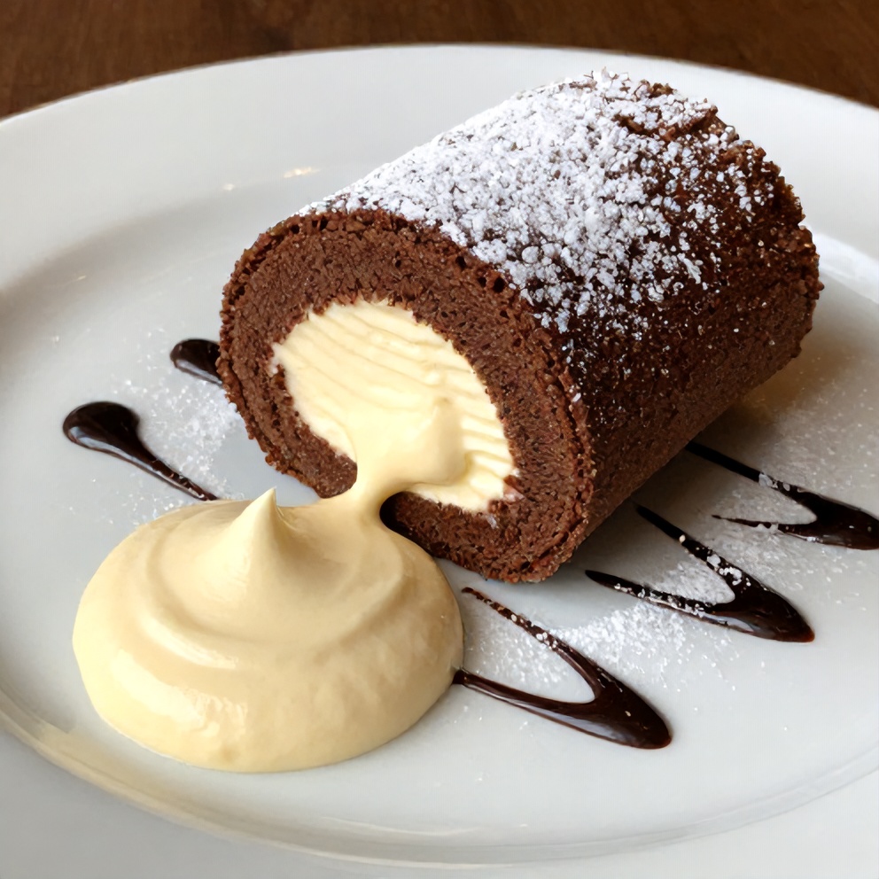 Chocolate roll on a plate with a dollop of creamy vanilla filling