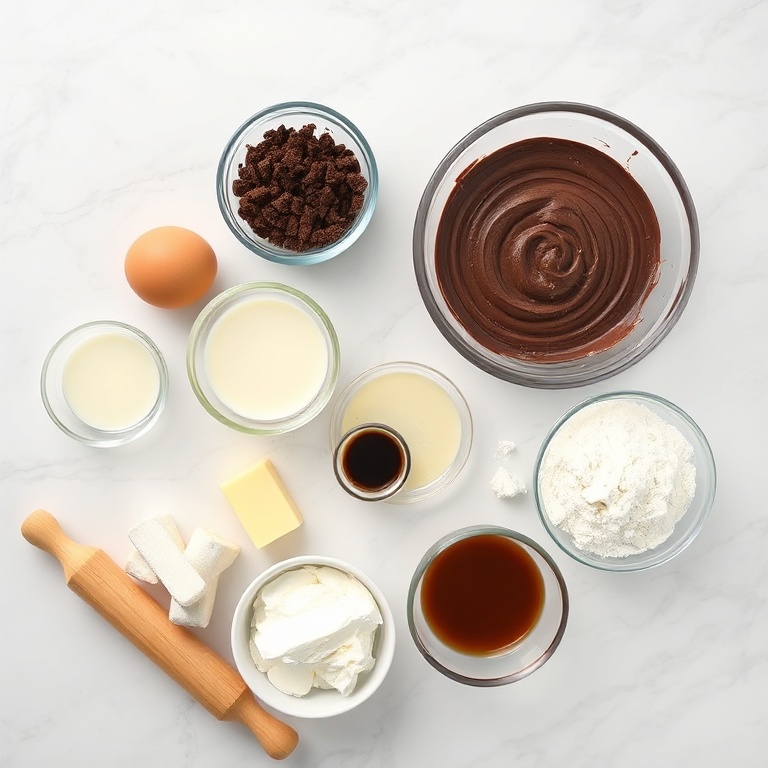 Raw ingredients for chocolate rolls on a marble surface
