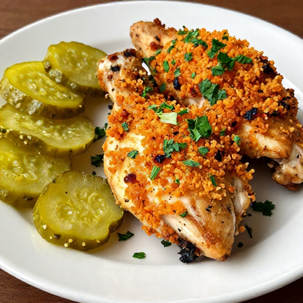 Plated crispy dill pickle parmesan chicken