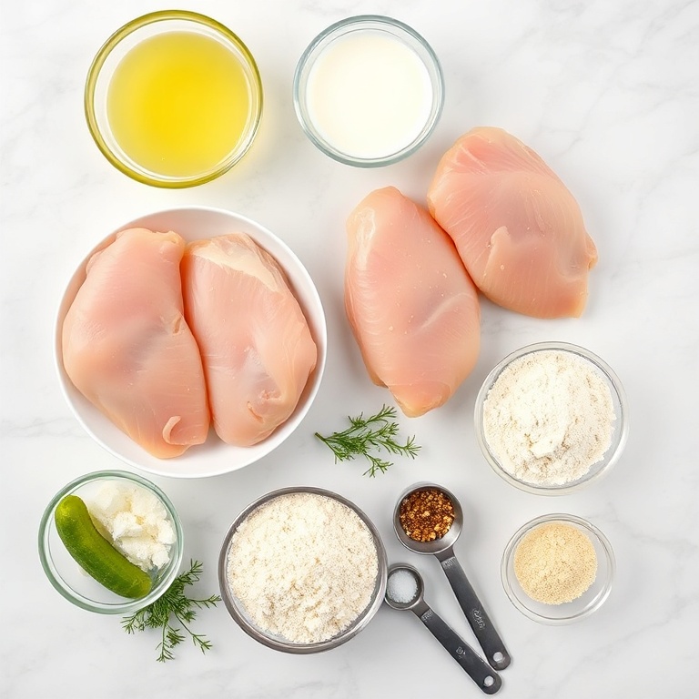 Raw ingredients for crispy dill pickle parmesan chicken