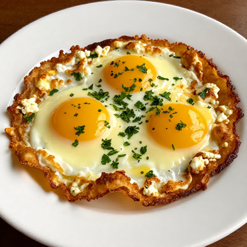 Crispy Feta Fried Eggs with fresh parsley
