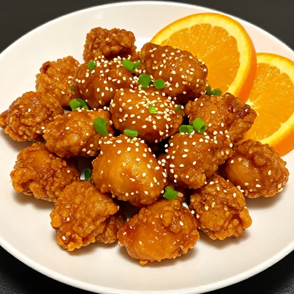 Plated serving of Crispy Gluten-Free Orange Chicken on a white plate