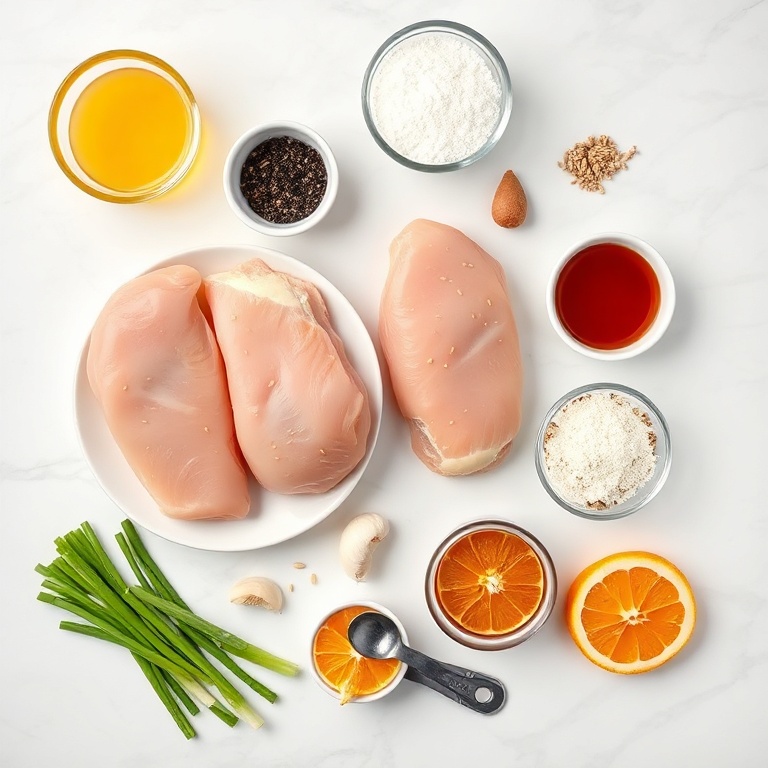 Raw ingredients for Crispy Gluten-Free Orange Chicken on a white marble surface