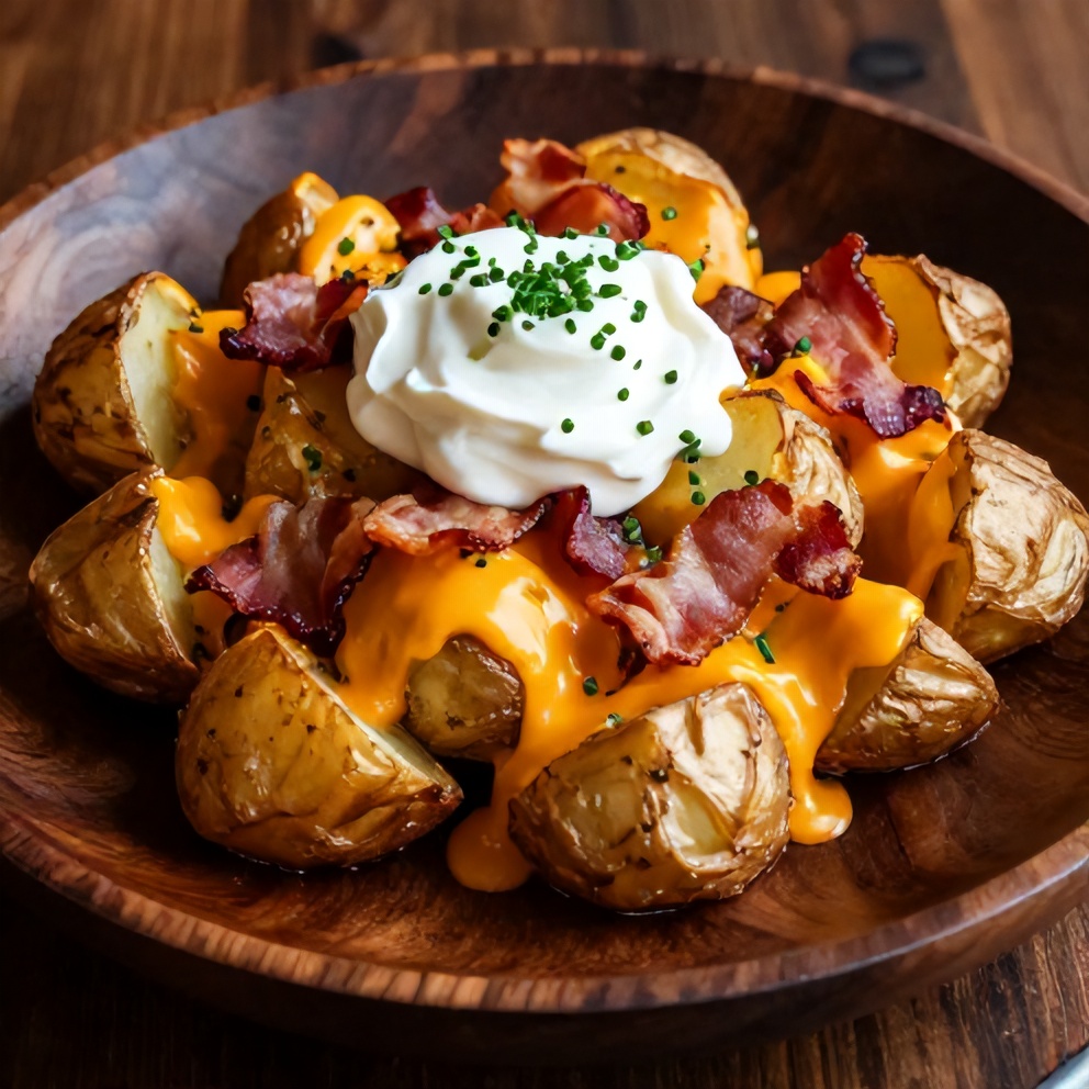 Crispy loaded baked potatoes ready to serve