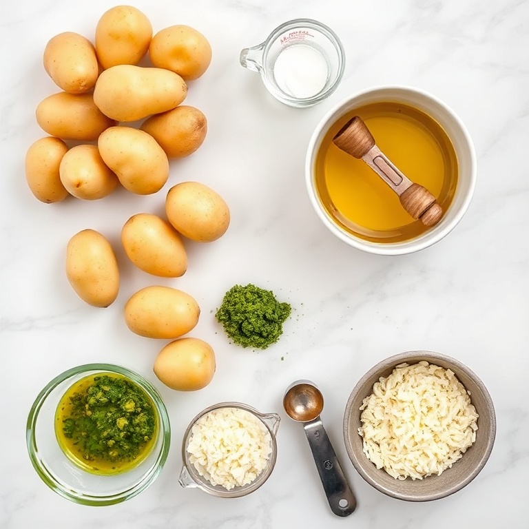 Raw ingredients for Crispy Parmesan Pesto Roasted Potatoes