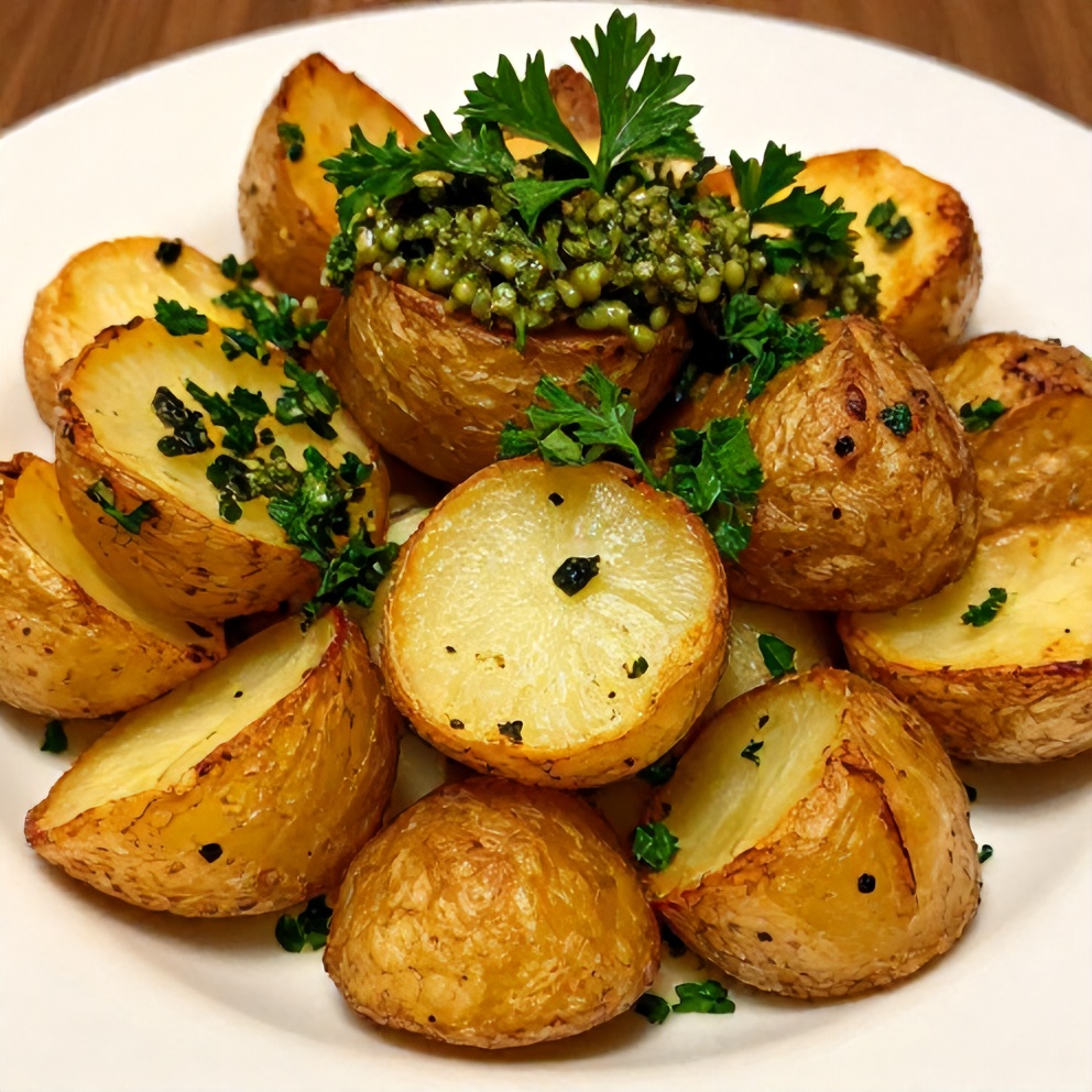 Crispy smashed potatoes with olive tapenade garnished with fresh parsley