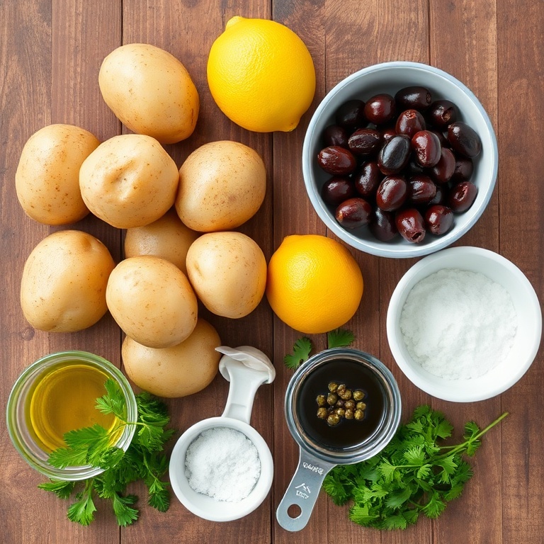 Raw ingredients for crispy smashed potatoes with olive tapenade on a wooden surface