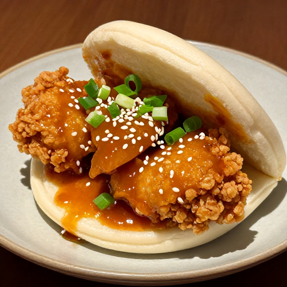 Close-up of Crispy Sticky Chicken Bao Buns on a light-colored plate