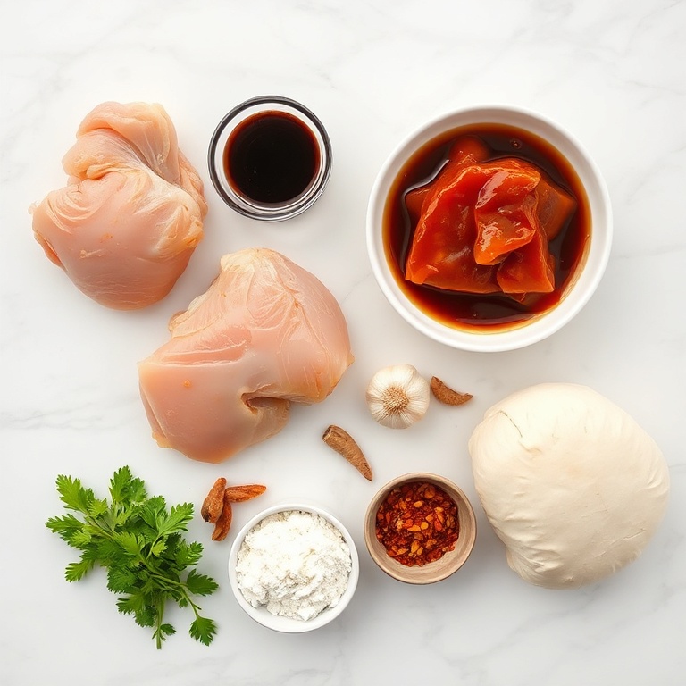 Raw ingredients for Crispy Sticky Chicken Bao Buns on a white marble surface