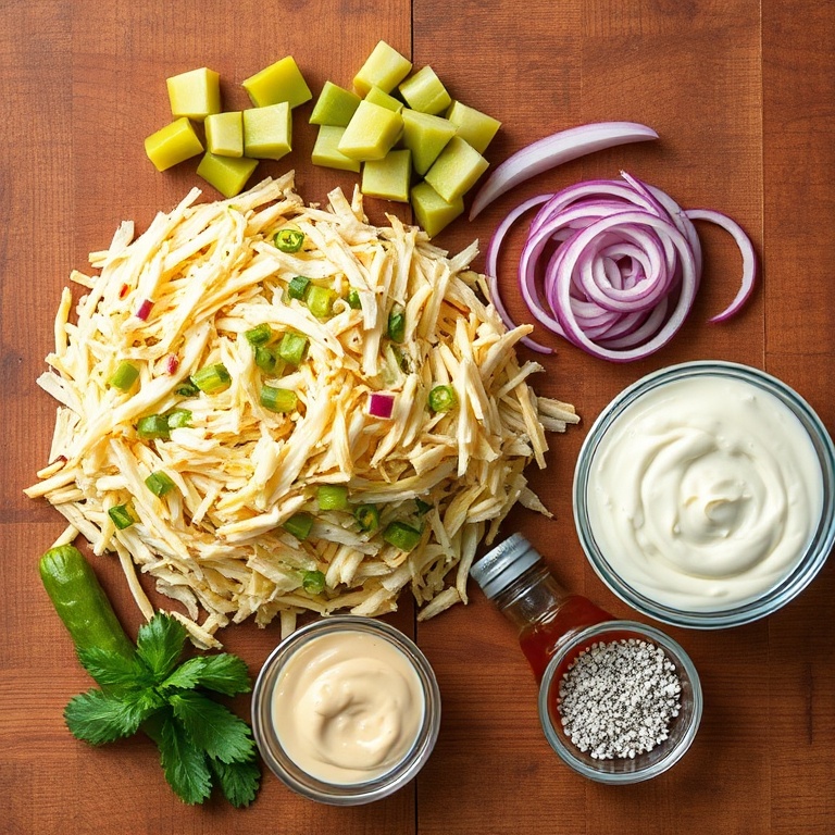 Ingredients for Sweet and Spicy Pickle Slaw on a wooden surface