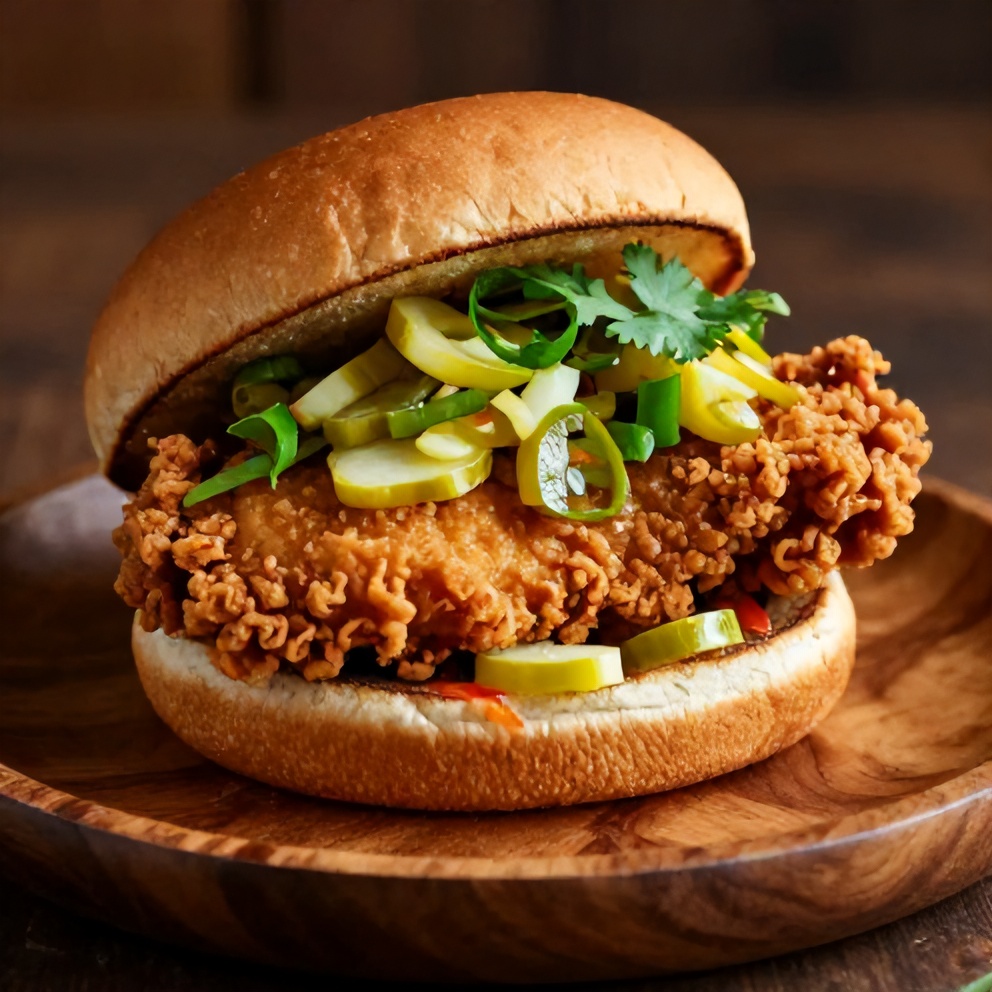 Close-up of crispy Thai fried chicken sandwich with pickled vegetables