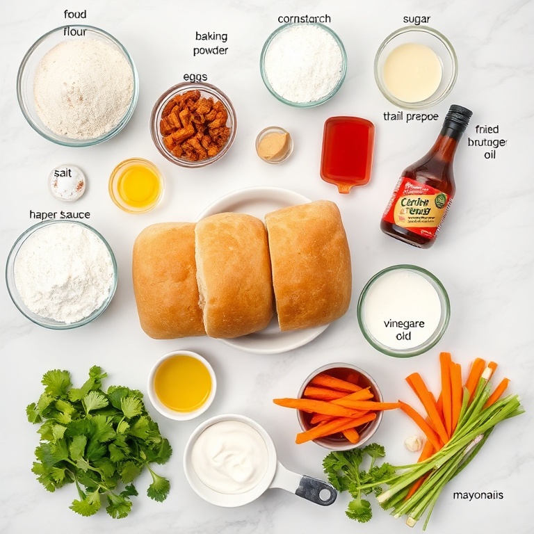Raw ingredients for Thai fried chicken sandwiches on a wooden surface