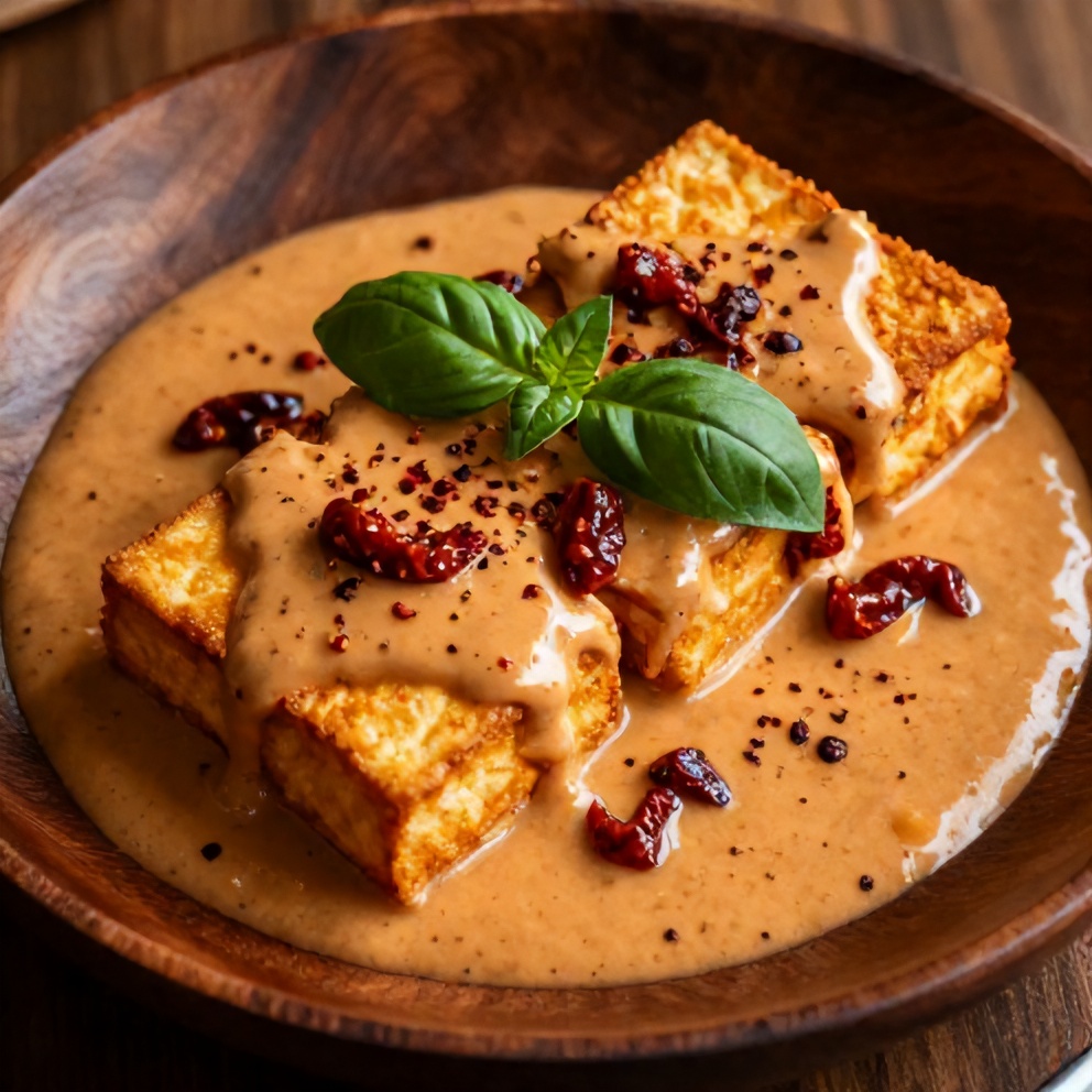 Plated crispy tofu in creamy sun-dried tomato sauce dinner