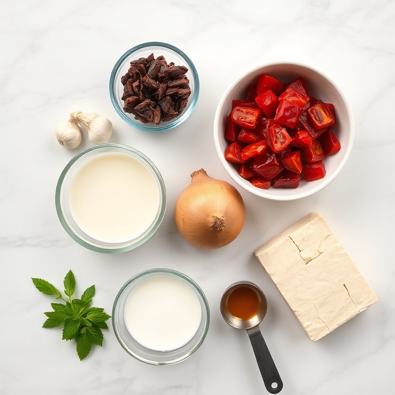 Raw ingredients for crispy tofu in creamy sun-dried tomato sauce