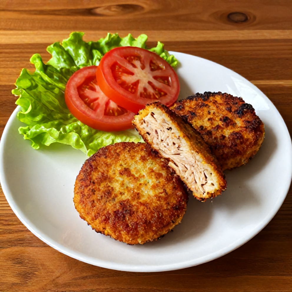 Plated crispy tuna patty with a side of lettuce and tomatoes on a wooden table