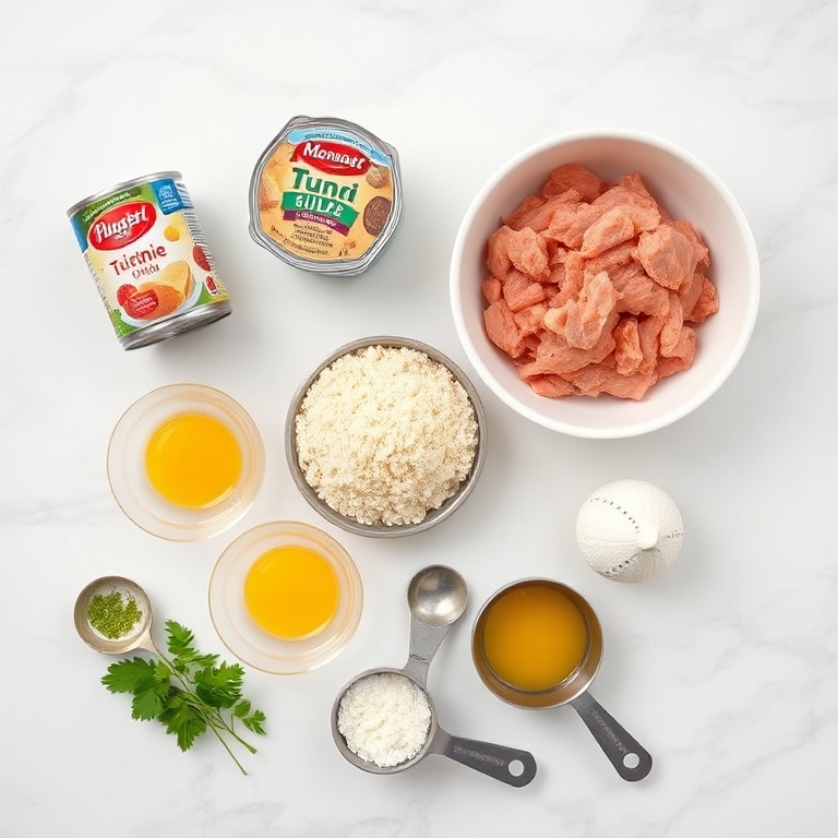Raw ingredients for crispy tuna patties including canned tuna, breadcrumbs, and eggs arranged on a marble surface