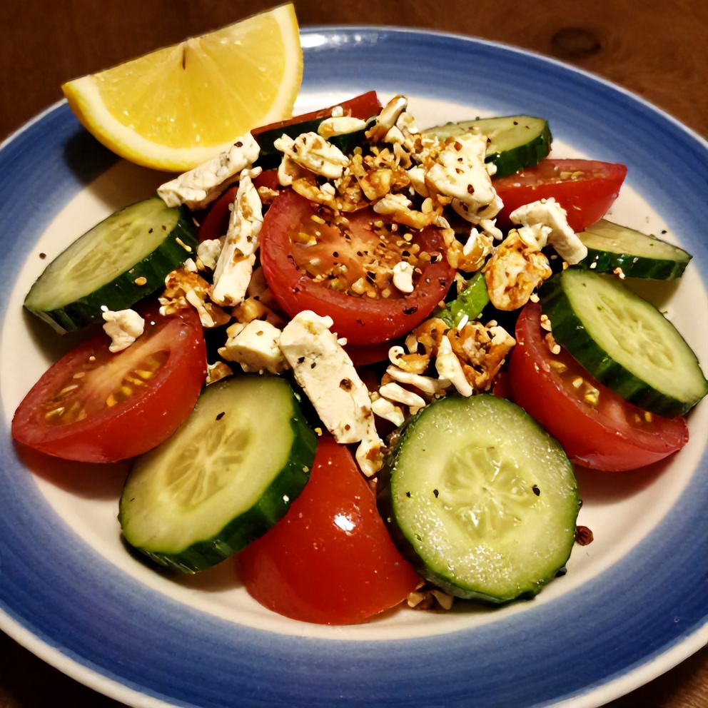 Crispy Cucumber Tomato Feta Salad with a lemon wedge on a blue and white plate