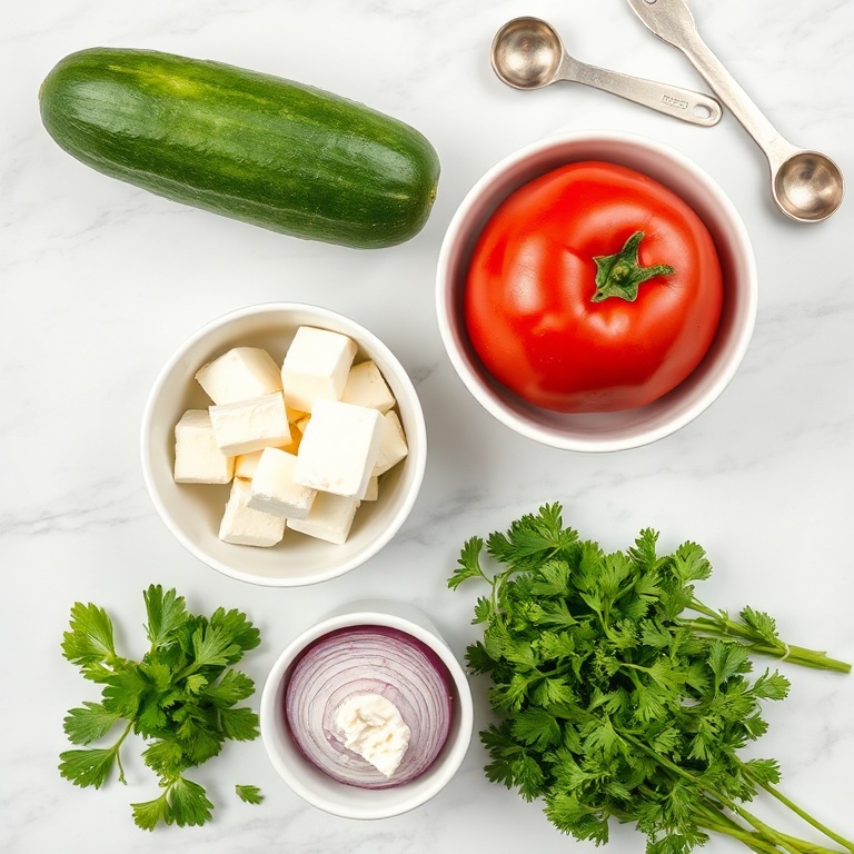 Cucumber, tomato, feta, red onion, fresh parsley on a white marble surface