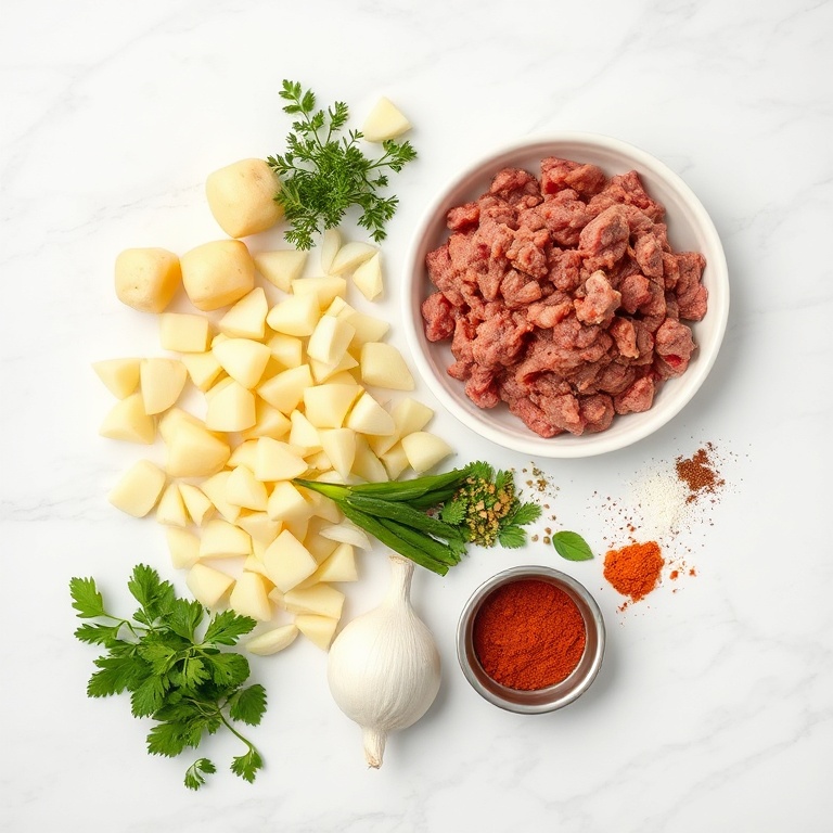 Raw ingredients for Aloo Keema: ground meat, potatoes, onions, garlic, spices
