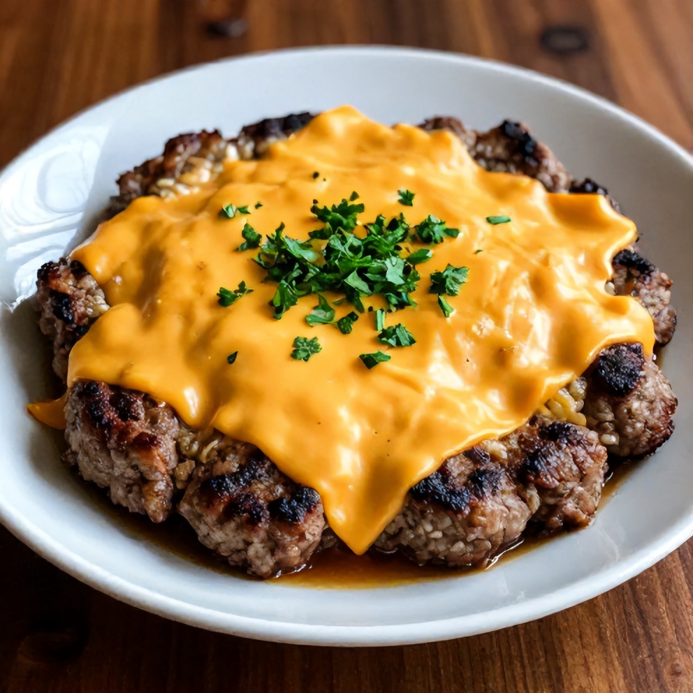 Plated Amish hamburger steak bake with cheddar cheese