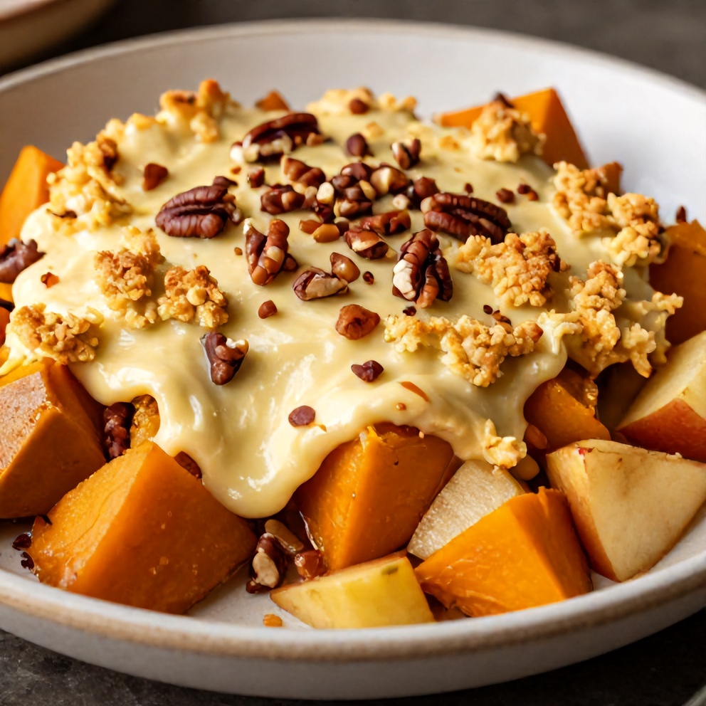 Plated serving of Apple Butternut Squash Casserole on a rustic plate, garnished with chopped pecans, showing creamy texture and golden crust