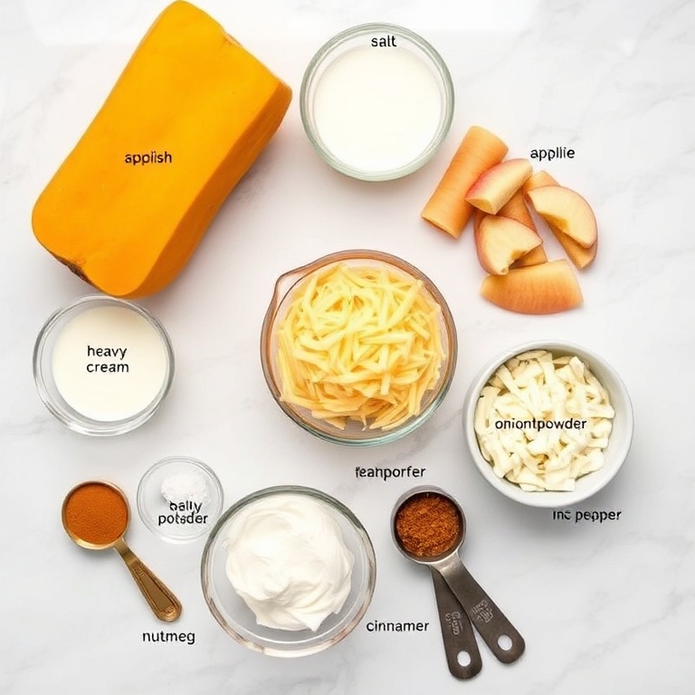Raw ingredients for Apple Butternut Squash Casserole arranged in an overhead flat lay, including butternut squash, apples, and warm spices
