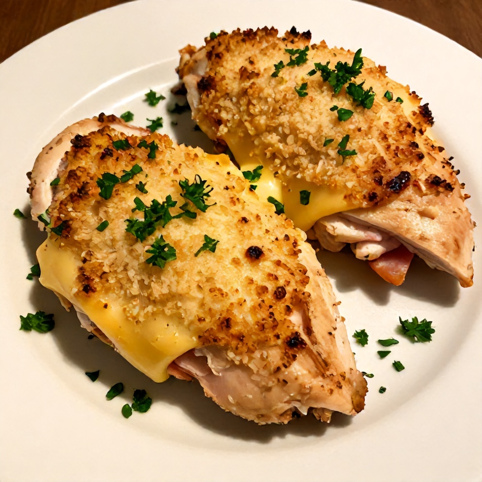 Plated serving of baked chicken roll ups with ham and swiss cheese