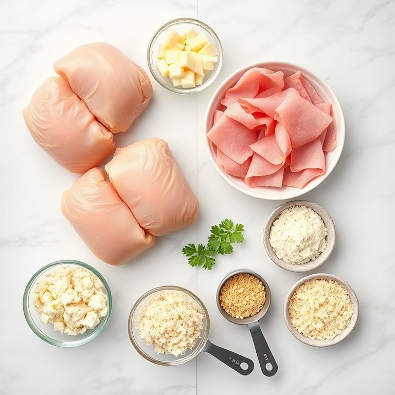 Raw ingredients for baked chicken roll ups with ham and swiss cheese