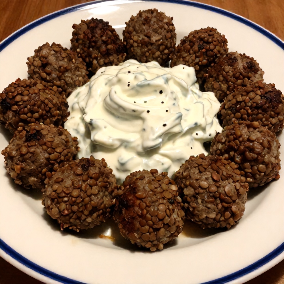 Plated Greek lentil meatballs with tzatziki sauce