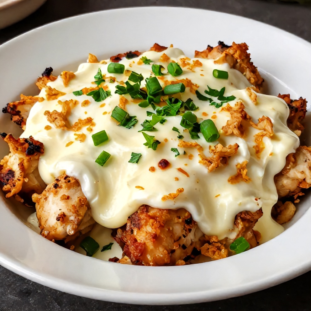 Plated sour cream and onion chicken with green onions