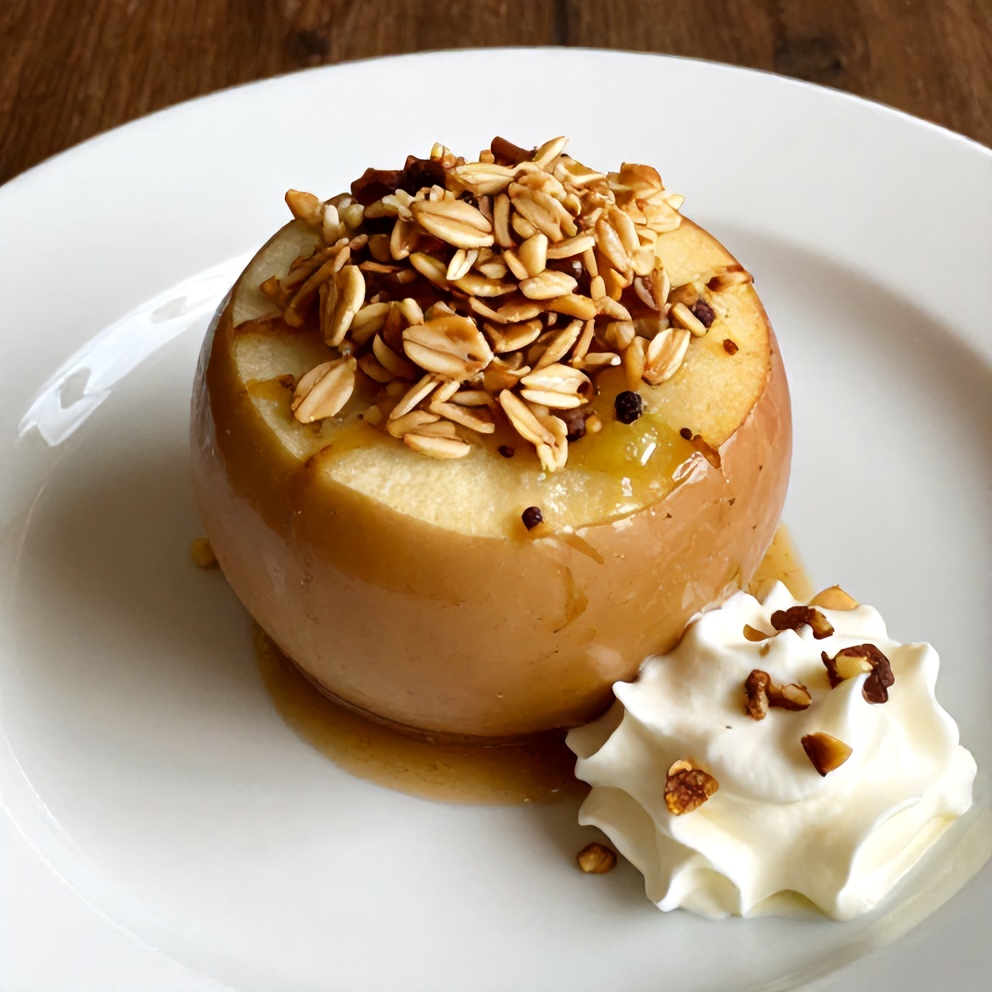 Plated baked stuffed apple with a dollop of whipped cream