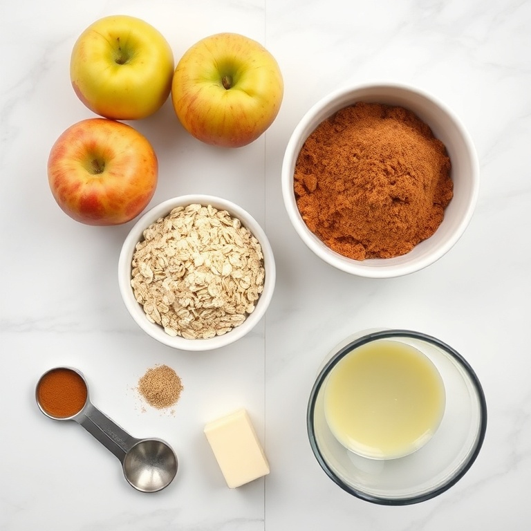 Raw ingredients for baked stuffed apples on a white marble surface