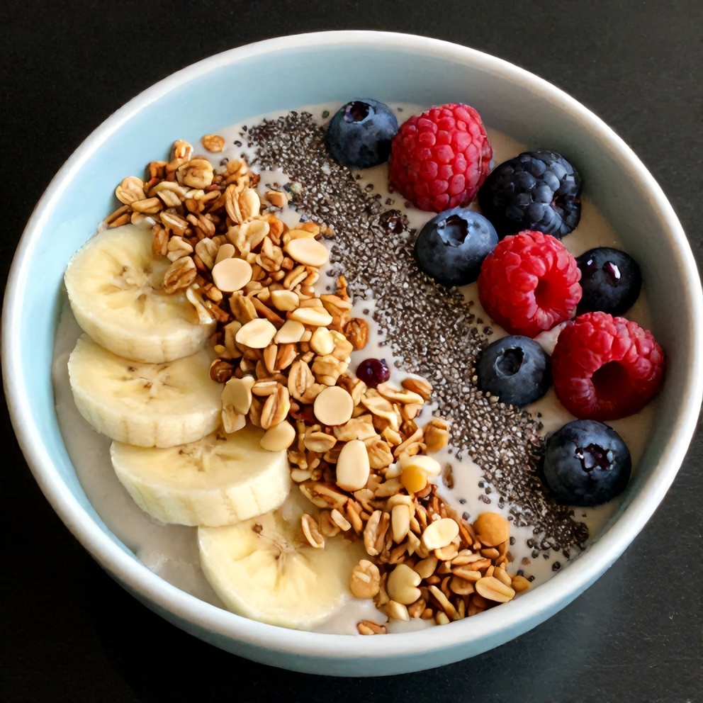 Banana Peanut Butter Oat Smoothie Bowl with Granola and Berries