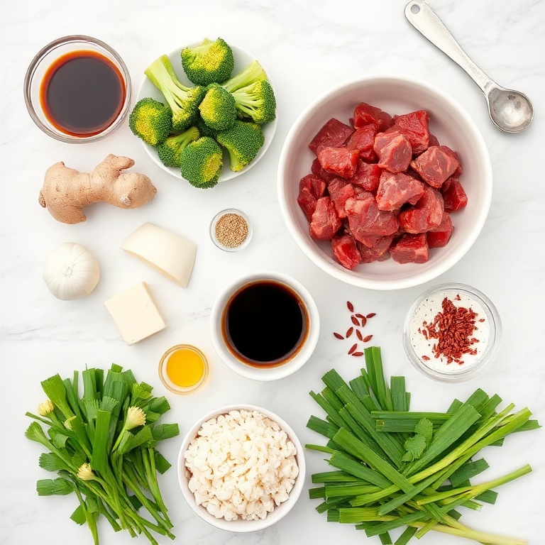 Raw ingredients for Beef and Broccoli Rice Bowls