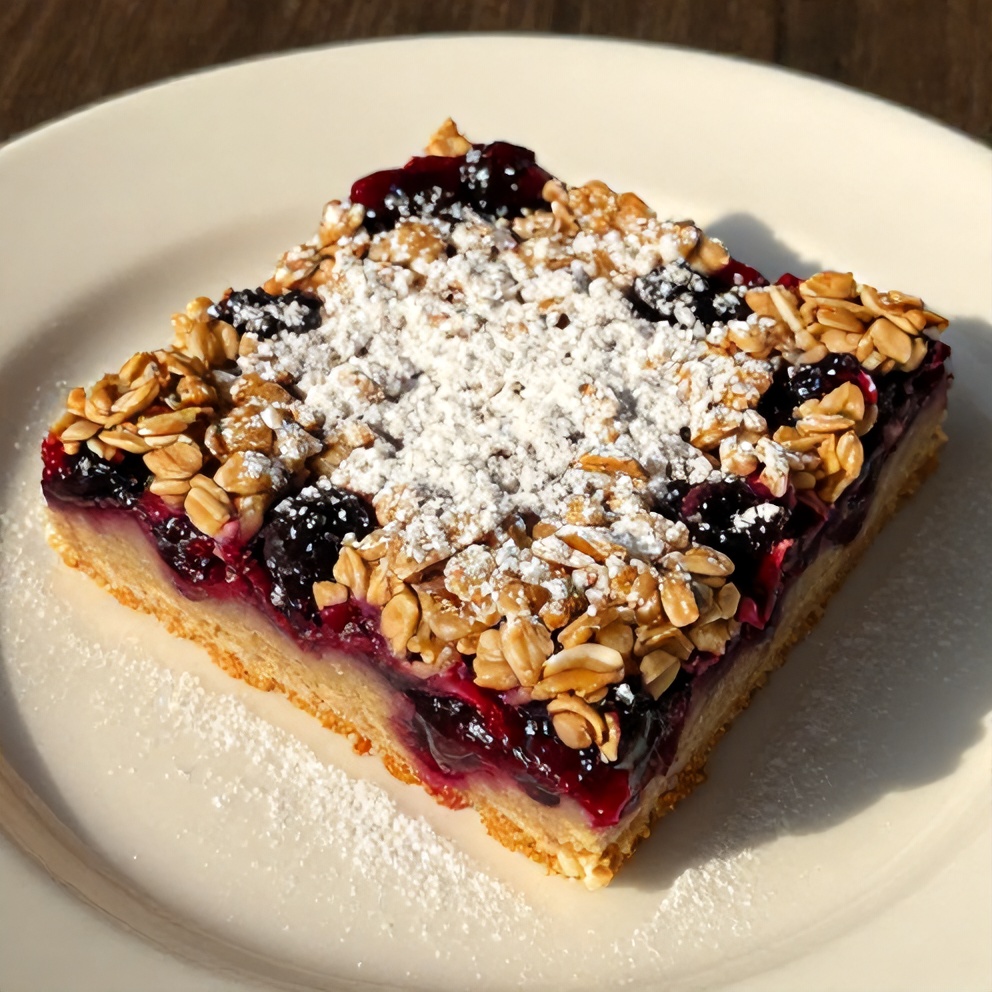 Plated serving of berry oat bars with raspberry preserves and powdered sugar