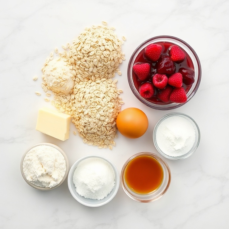 Raw ingredients for berry oat bars: oats, flour, sugar, butter, raspberry preserves, eggs, baking powder