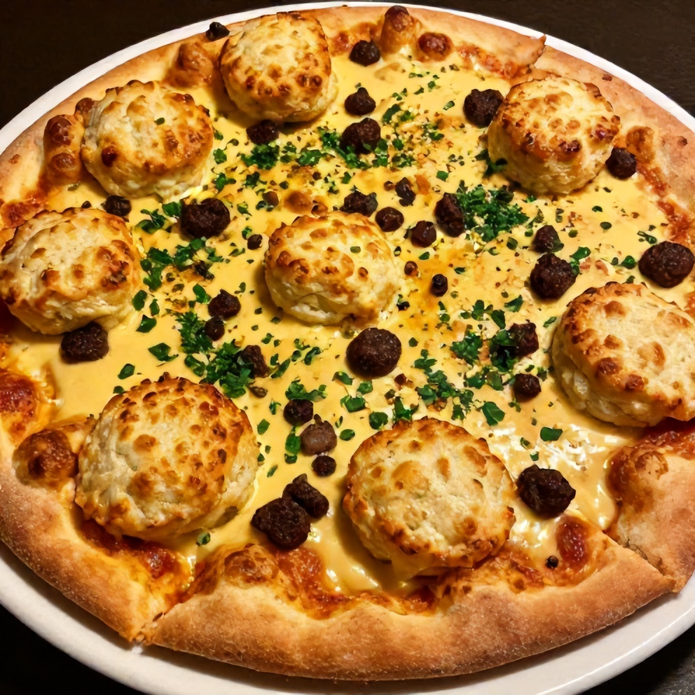 Plated Easy Biscuits and Sausage Gravy Breakfast Pizza with a side of fresh fruit