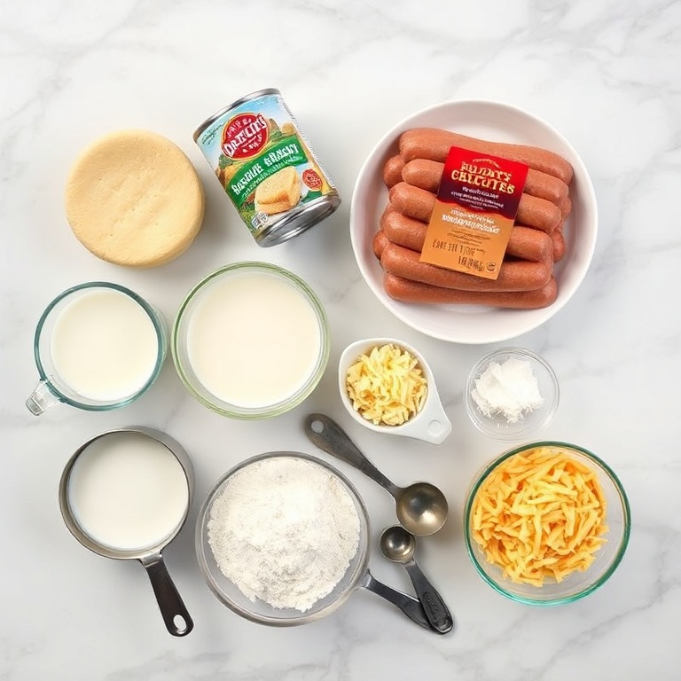 Raw ingredients for Easy Biscuits and Sausage Gravy Breakfast Pizza on a marble counter