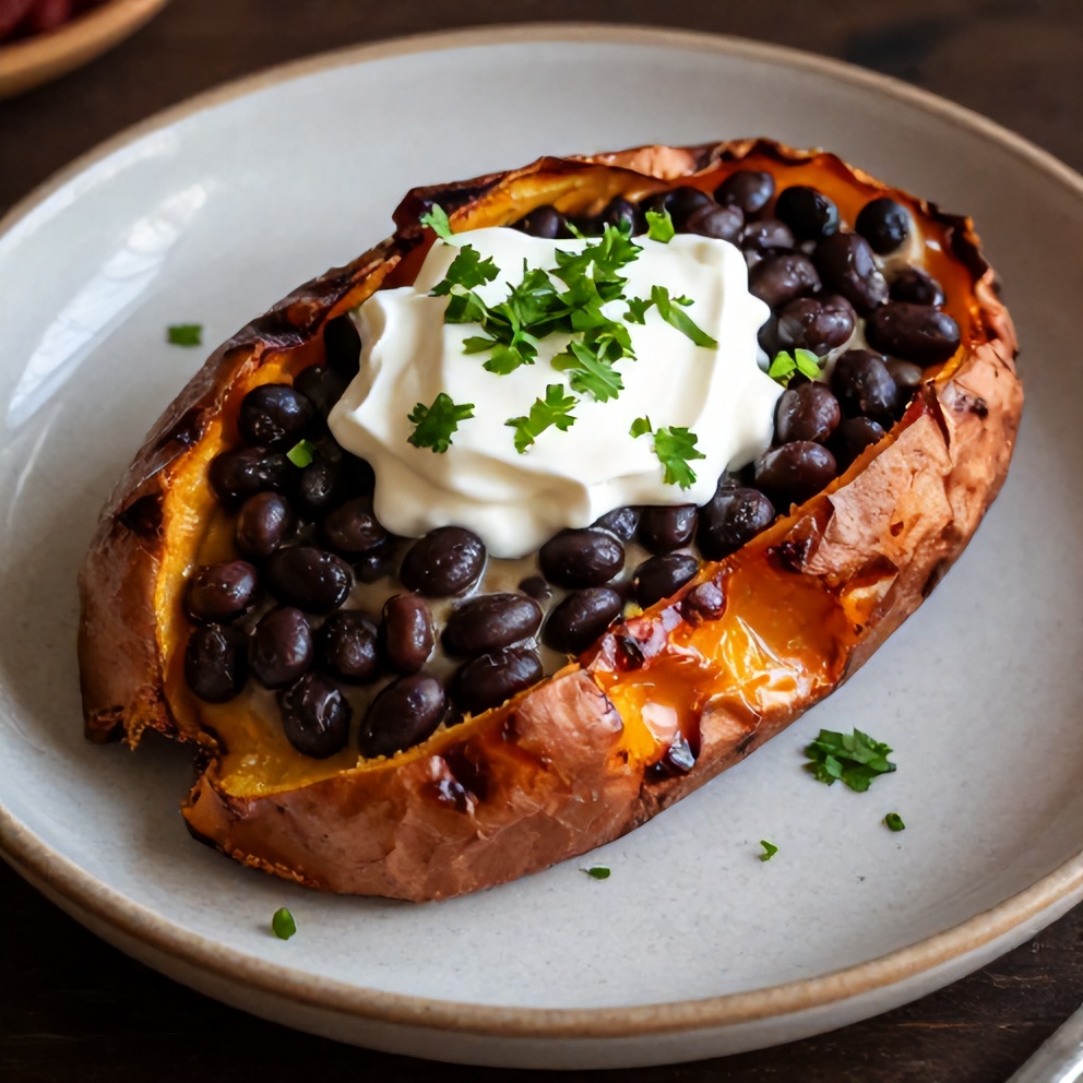 Black Bean Stuffed Sweet Potatoes ready to serve