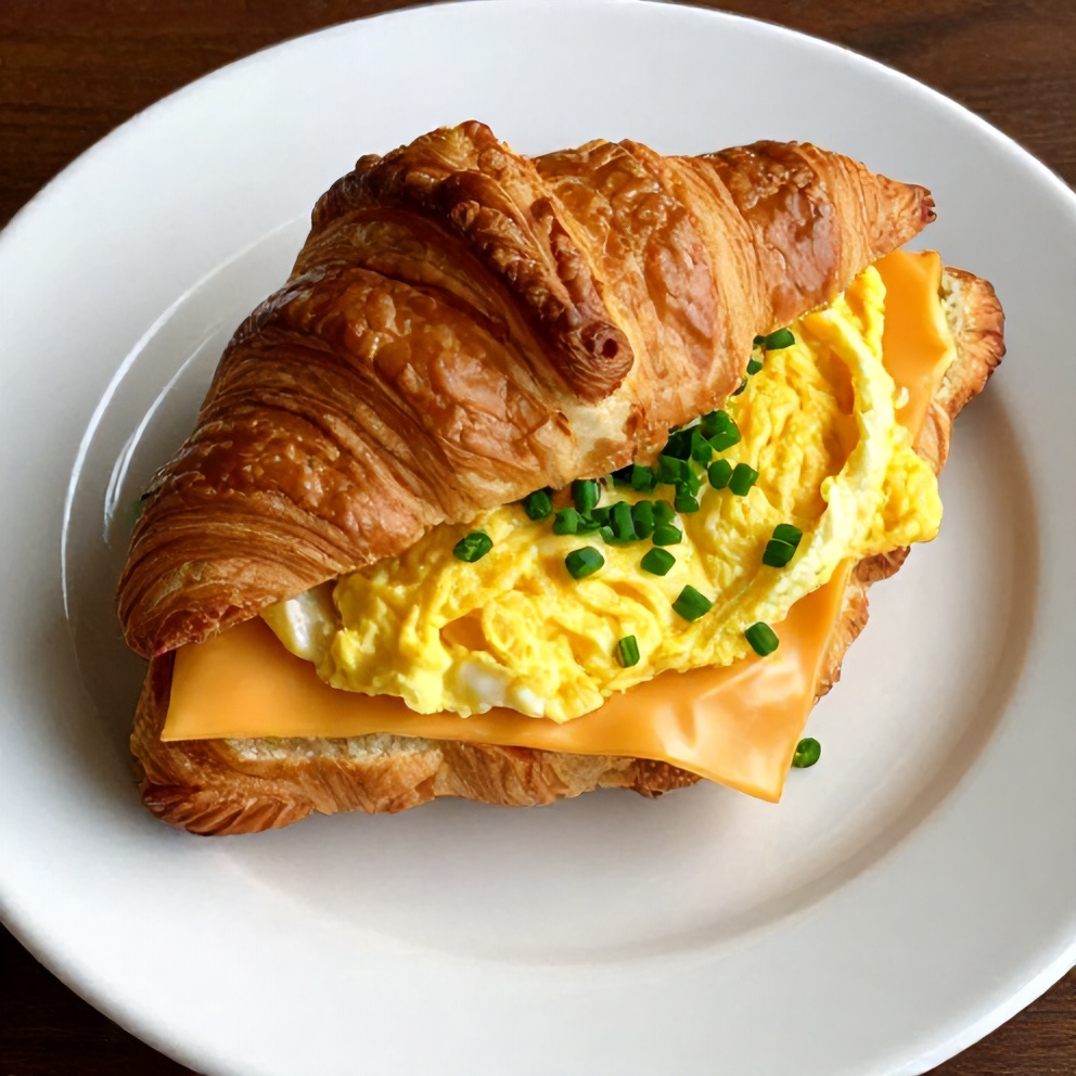 Plated breakfast croissant sandwiches with eggs and cheese