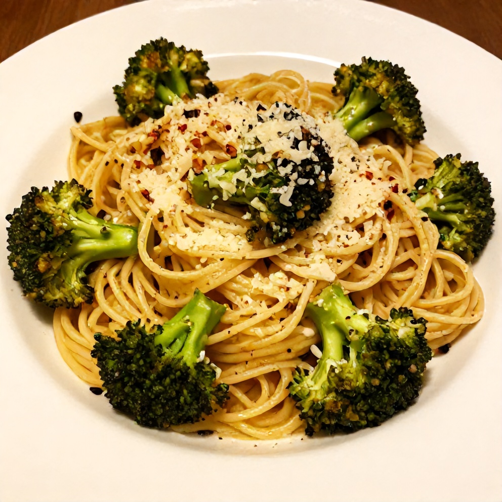 Plated Easy Broccoli Pasta with Garlic and Parmesan