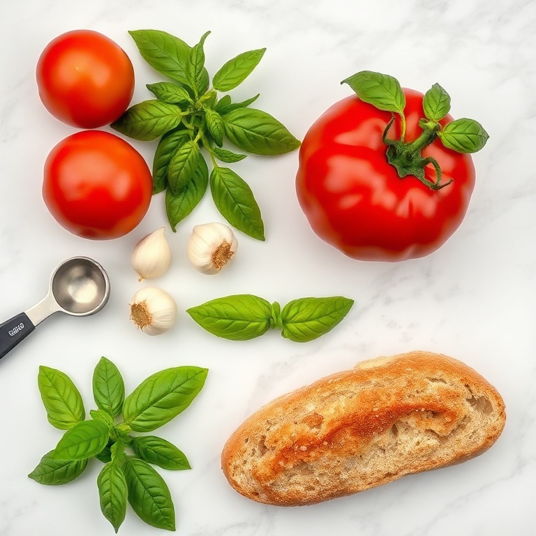Raw Ingredients for Easy Bruschetta with Heirloom Tomatoes and Fresh Basil