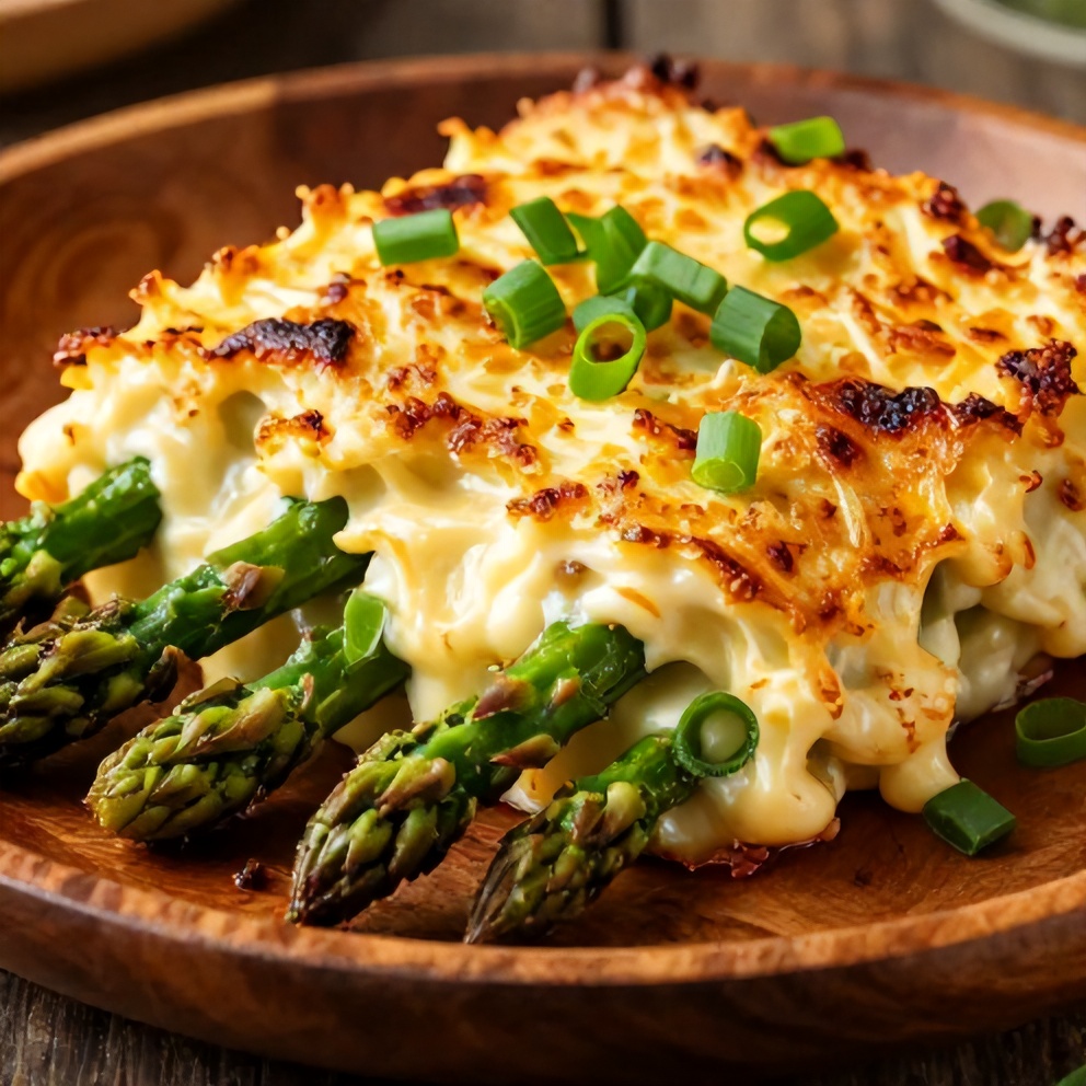Served cheesy asparagus casserole with crispy edges