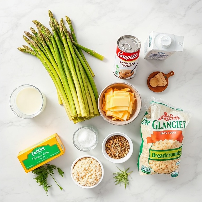 Raw ingredients for cheesy asparagus casserole: asparagus, cream of mushroom soup, milk, cheddar cheese, breadcrumbs